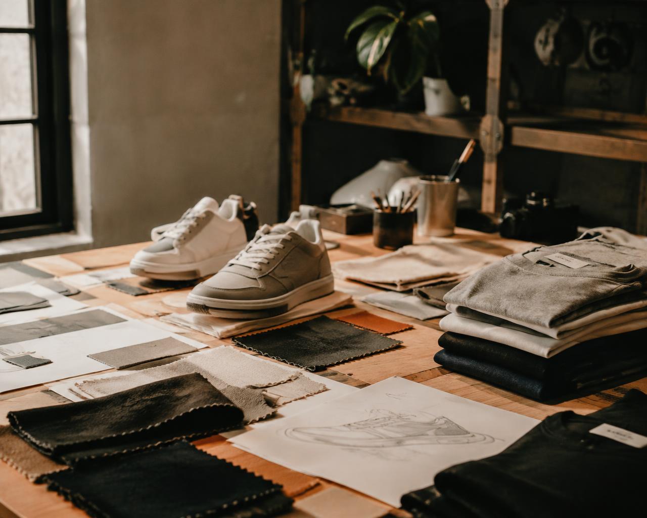 Sneaker prototypes and fabric swatches on a studio workbench